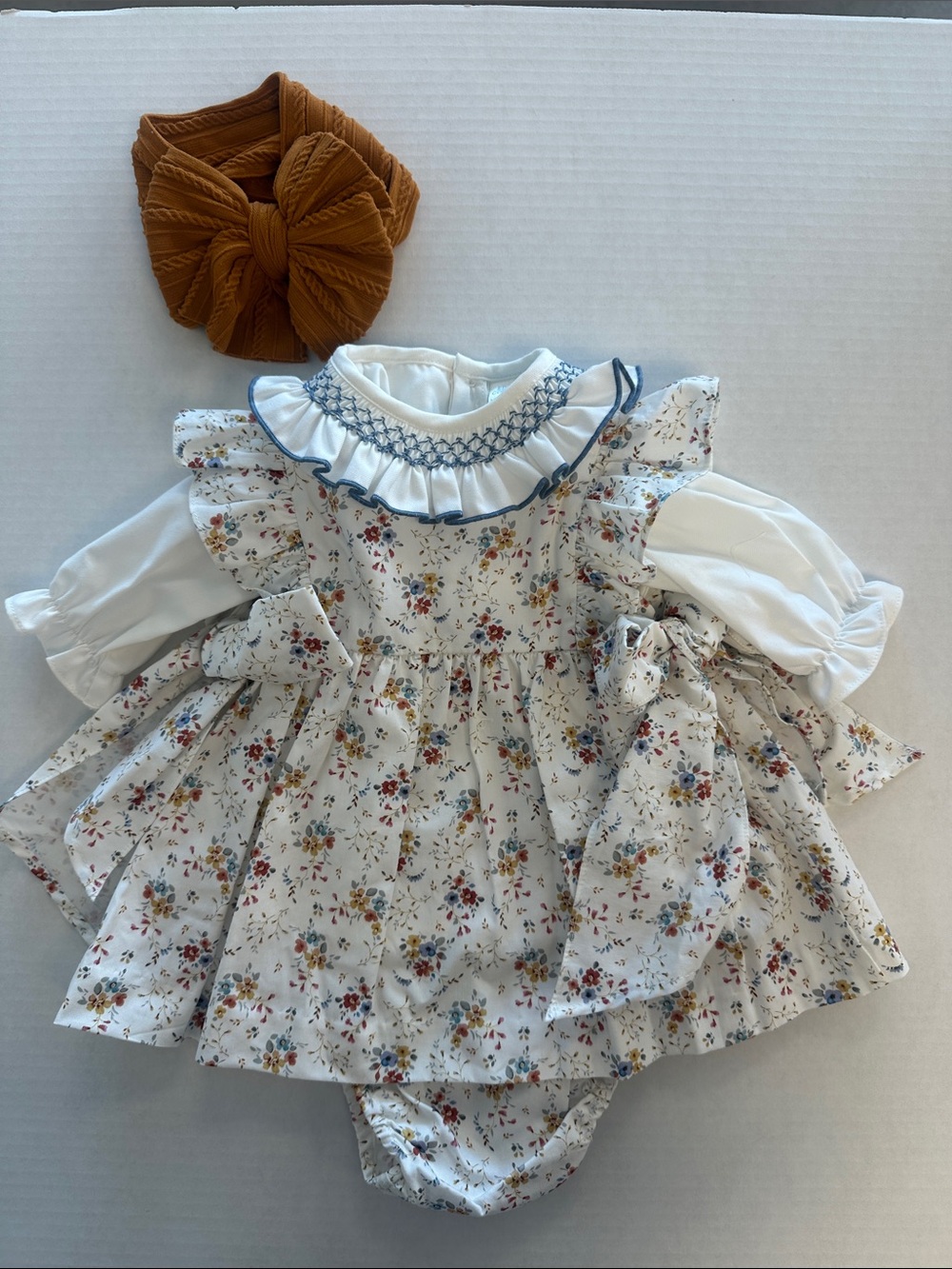 Edgehill Collection Baby Girl Smocked Shirt Side Bow Dress 3m NEW
